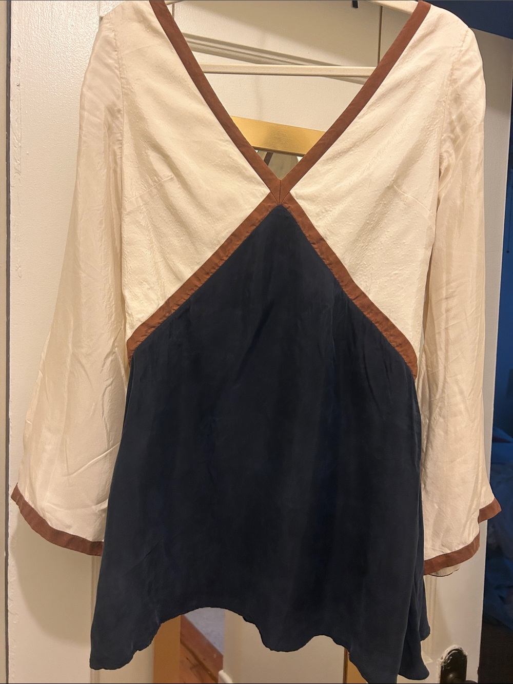 Anthropologie Cream, Navy & Brown Trim Colorblock Mini Dress